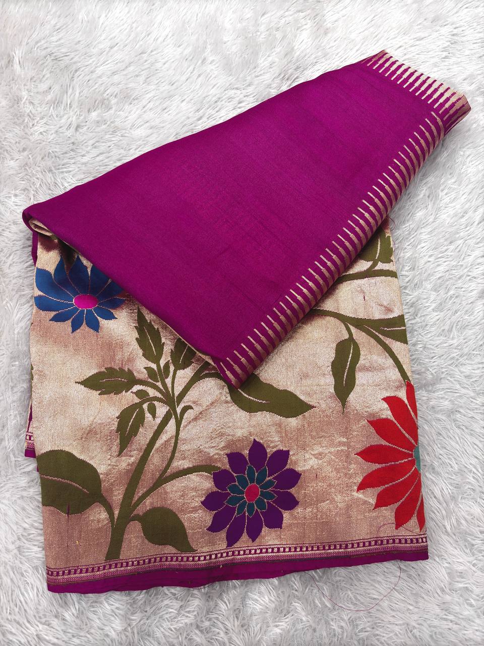 Rani Magenta & Antique Rose Cream Handloom Banarasi Tussar Georgette Saree | Gold Zari Shikargah Floral Vine Border & Contrast Pallu