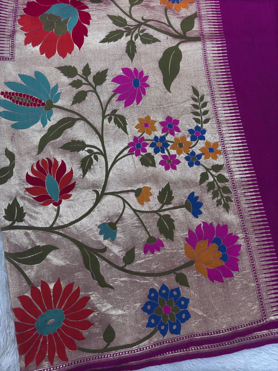 Rani Magenta & Antique Rose Cream Handloom Banarasi Tussar Georgette Saree | Gold Zari Shikargah Floral Vine Border & Contrast Pallu