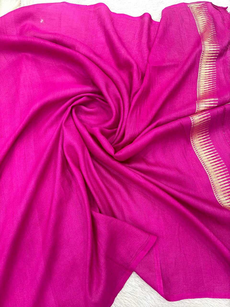 Rani Magenta & Antique Rose Cream Handloom Banarasi Tussar Georgette Saree | Gold Zari Shikargah Floral Vine Border & Contrast Pallu