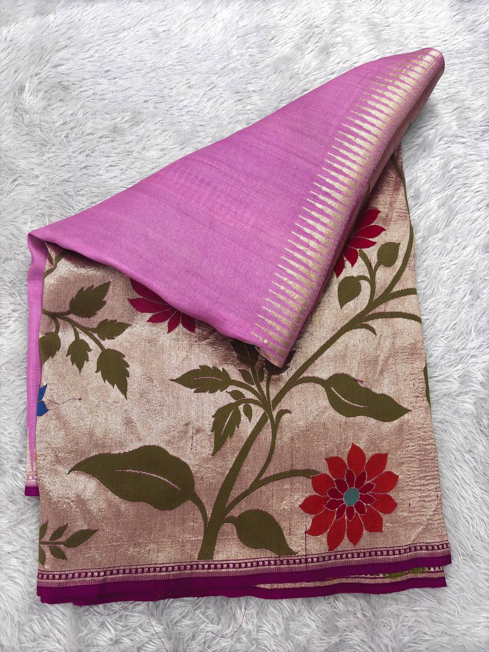 Onion Pink & Antique Rose Cream Handloom Banarasi Tussar Georgette Saree | Gold Zari Shikargah Floral Vine Border & Contrast Pallu