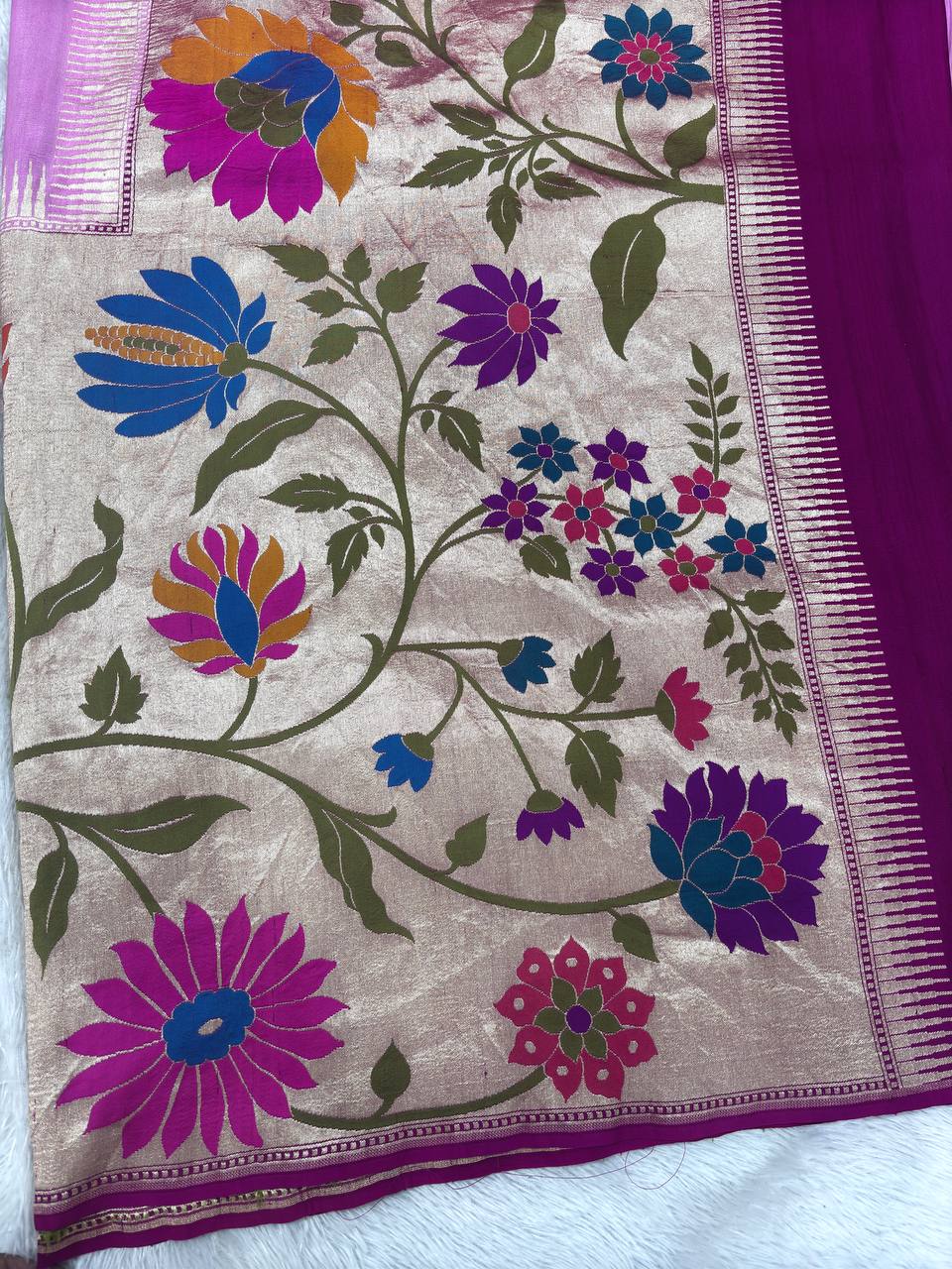 Onion Pink & Antique Rose Cream Handloom Banarasi Tussar Georgette Saree | Gold Zari Shikargah Floral Vine Border & Contrast Pallu