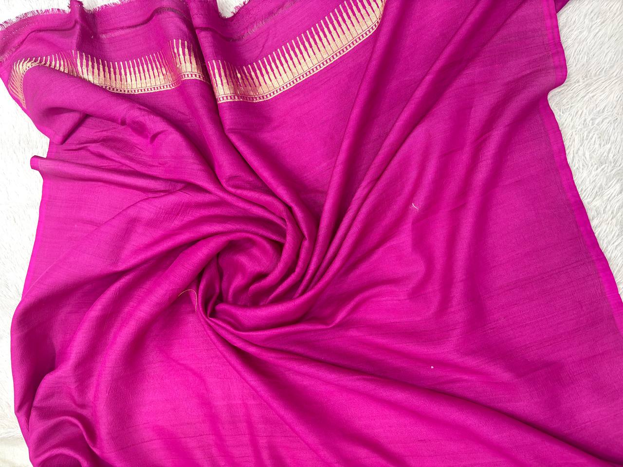 Onion Pink & Antique Rose Cream Handloom Banarasi Tussar Georgette Saree | Gold Zari Shikargah Floral Vine Border & Contrast Pallu