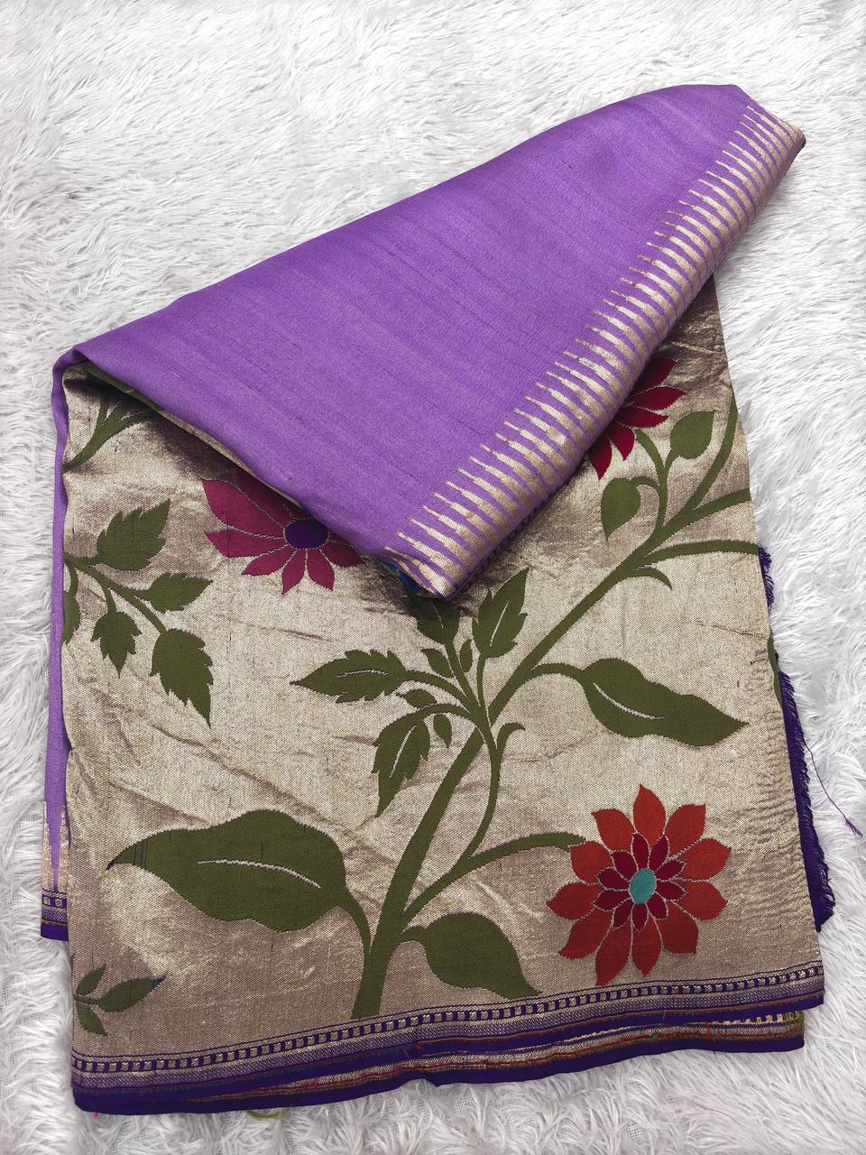 Orchid Lavender & Antique Cream Handloom Banarasi Tussar Georgette Saree | Gold Zari Shikargah Floral Vine Border & Contrast Pallu