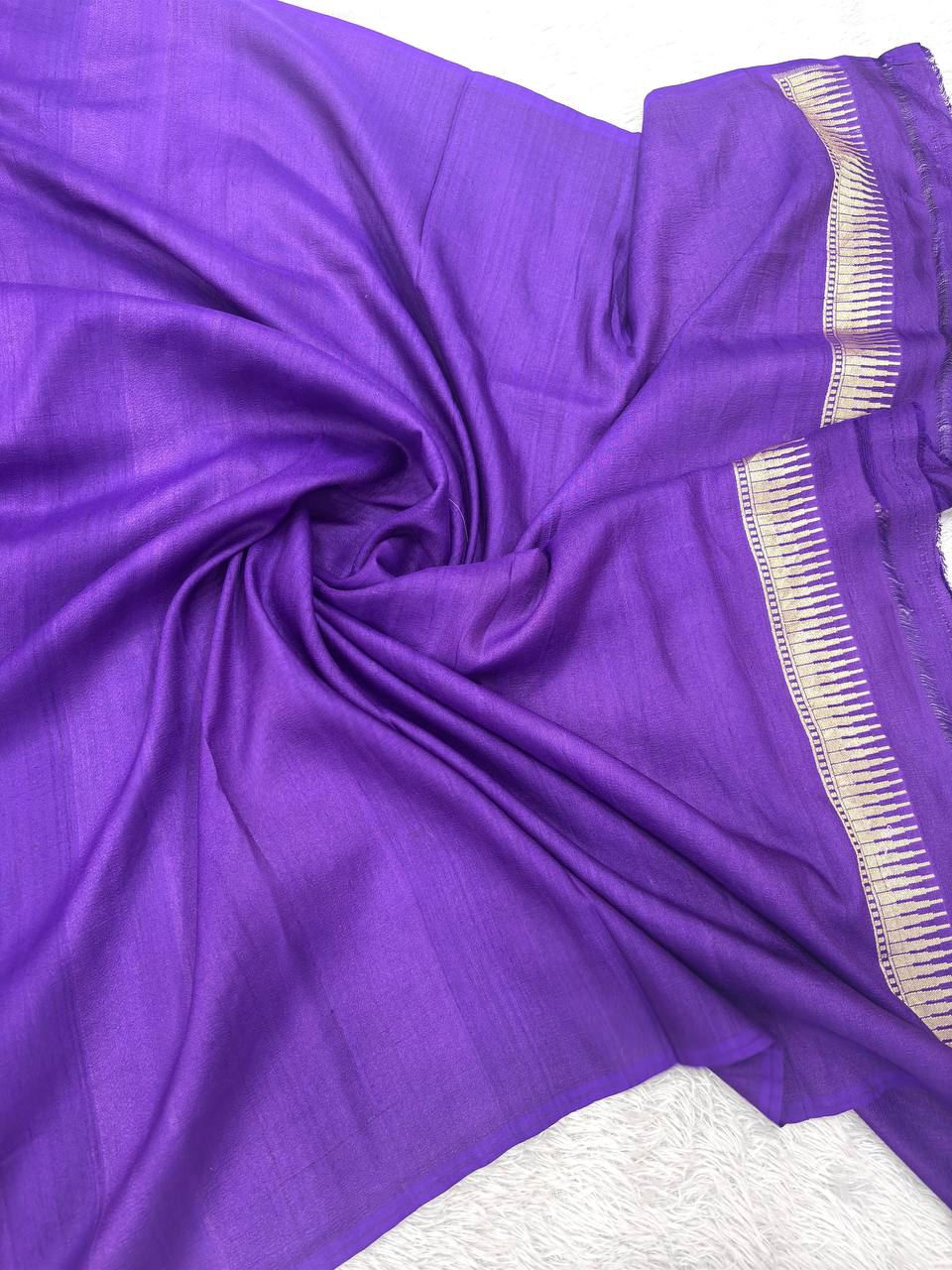 Orchid Lavender & Antique Cream Handloom Banarasi Tussar Georgette Saree | Gold Zari Shikargah Floral Vine Border & Contrast Pallu