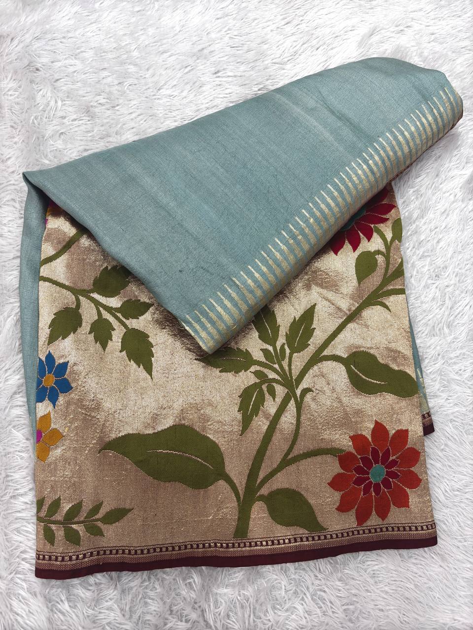 Powder Blue & Antique Cream Handloom Banarasi Tussar Georgette Saree | Gold Zari Shikargah Floral Vine Border & Contrast Pallu