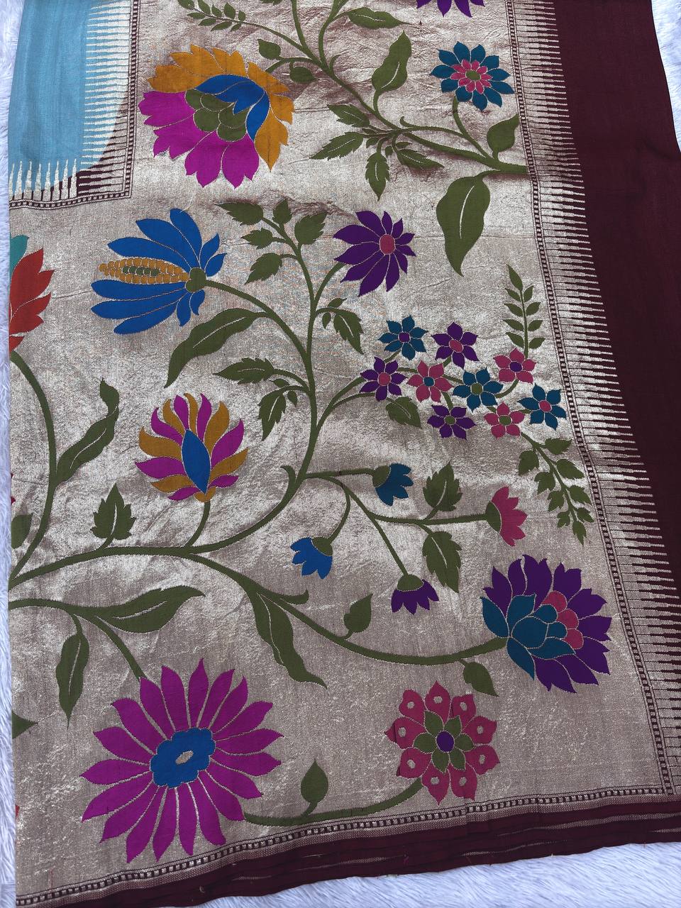 Powder Blue & Antique Cream Handloom Banarasi Tussar Georgette Saree | Gold Zari Shikargah Floral Vine Border & Contrast Pallu