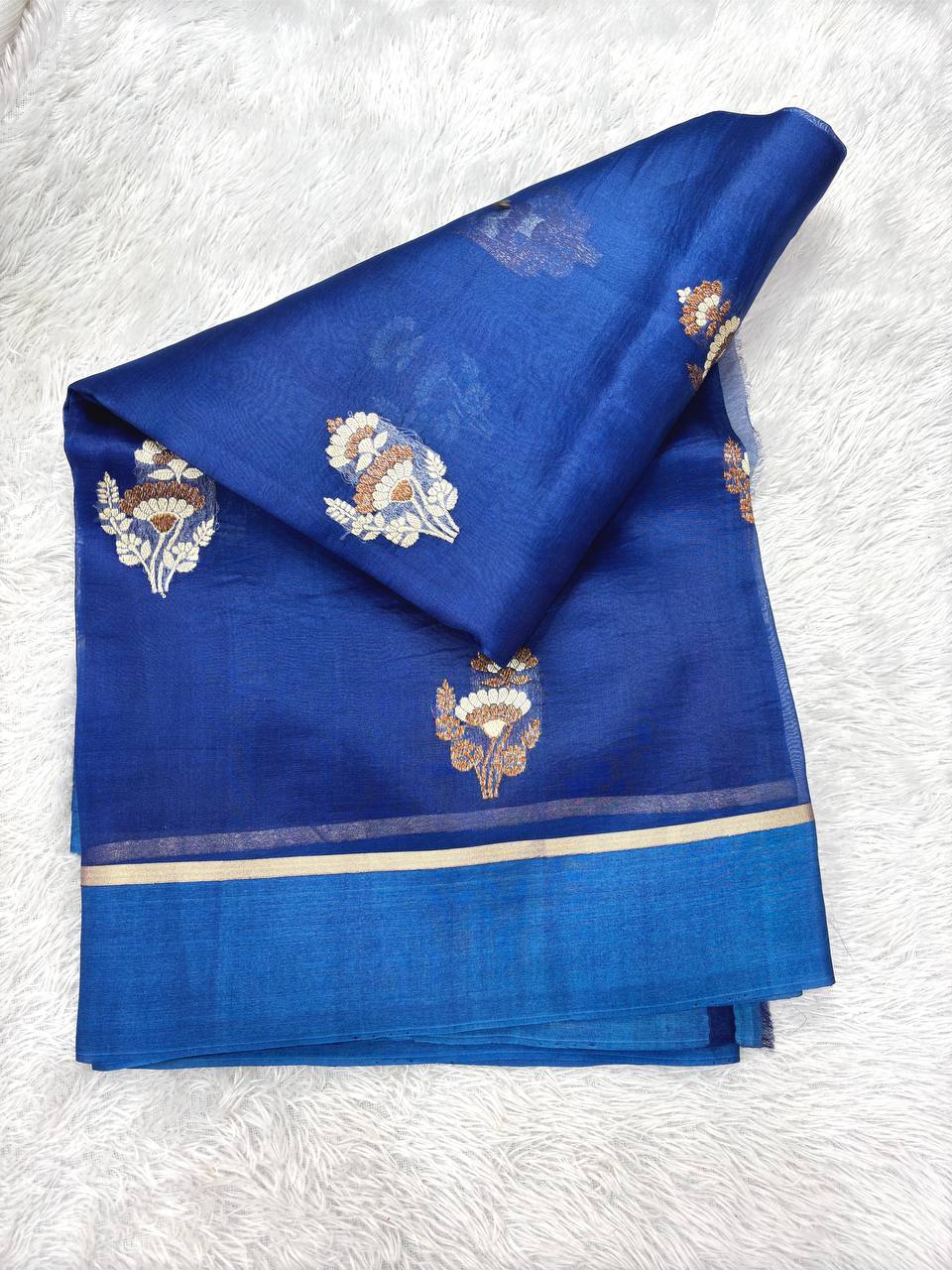 Royal Ink Blue Khaddi Georgette Kora Silk Saree | Sona Rupa Kadhua Meenakari Floral Boota & Contrast Cerulean Border