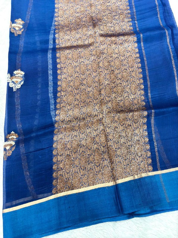Royal Ink Blue Khaddi Georgette Kora Silk Saree | Sona Rupa Kadhua Meenakari Floral Boota & Contrast Cerulean Border