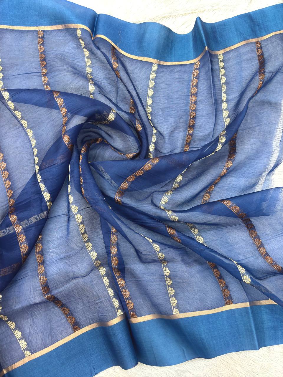 Royal Ink Blue Khaddi Georgette Kora Silk Saree | Sona Rupa Kadhua Meenakari Floral Boota & Contrast Cerulean Border