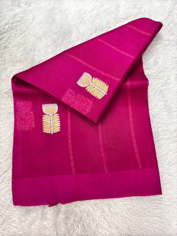 Royal Magenta Rani Pink Khaddi Georgette Kora Silk Saree | Sona Rupa Kadhua Kalash Boota & Self Border