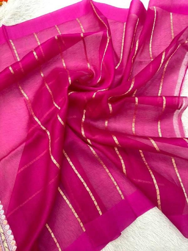Royal Magenta Rani Pink Khaddi Georgette Kora Silk Saree | Sona Rupa Kadhua Kalash Boota & Self Border