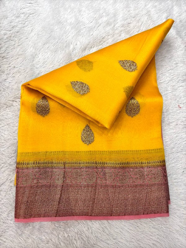 Bright Canary Yellow Khaddi Georgette Kora Silk Saree | Antique Bronze Kadhua Booti & Contrast Earthy Rose Border