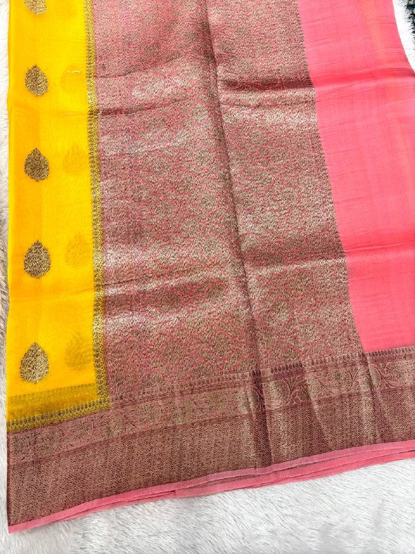 Bright Canary Yellow Khaddi Georgette Kora Silk Saree | Antique Bronze Kadhua Booti & Contrast Earthy Rose Border