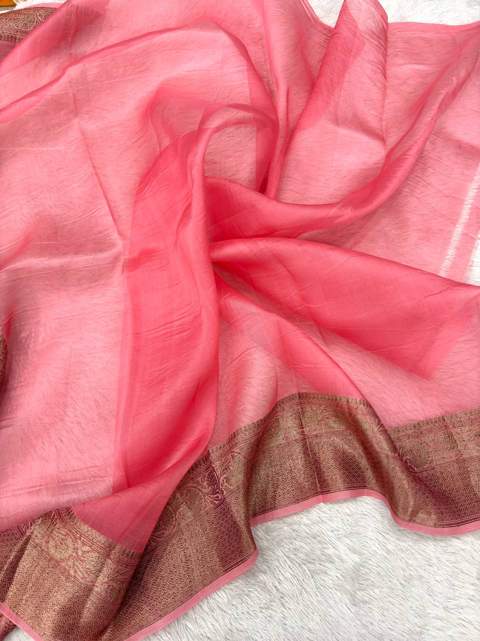 Bright Canary Yellow Khaddi Georgette Kora Silk Saree | Antique Bronze Kadhua Booti & Contrast Earthy Rose Border