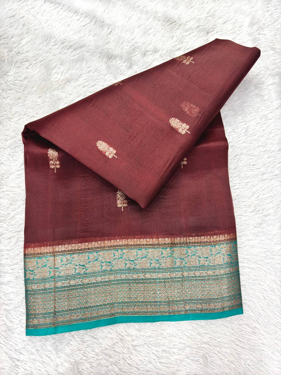 Deep Chocolate Maroon Khaddi Georgette Kora Silk Saree | Antique Gold Kadhua Chowkdi Booti & Contrast Persian Turquoise Border