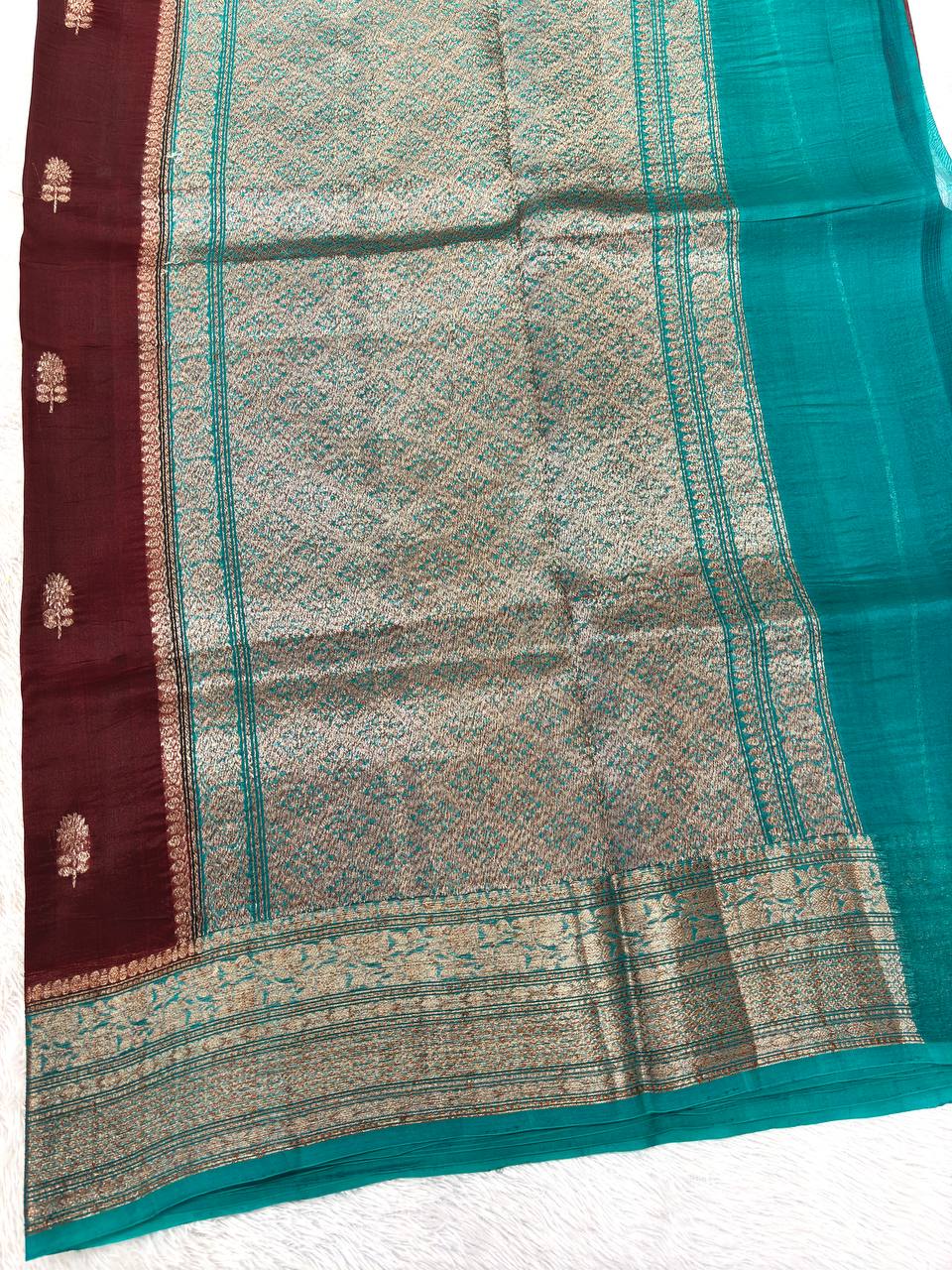 Deep Chocolate Maroon Khaddi Georgette Kora Silk Saree | Antique Gold Kadhua Chowkdi Booti & Contrast Persian Turquoise Border