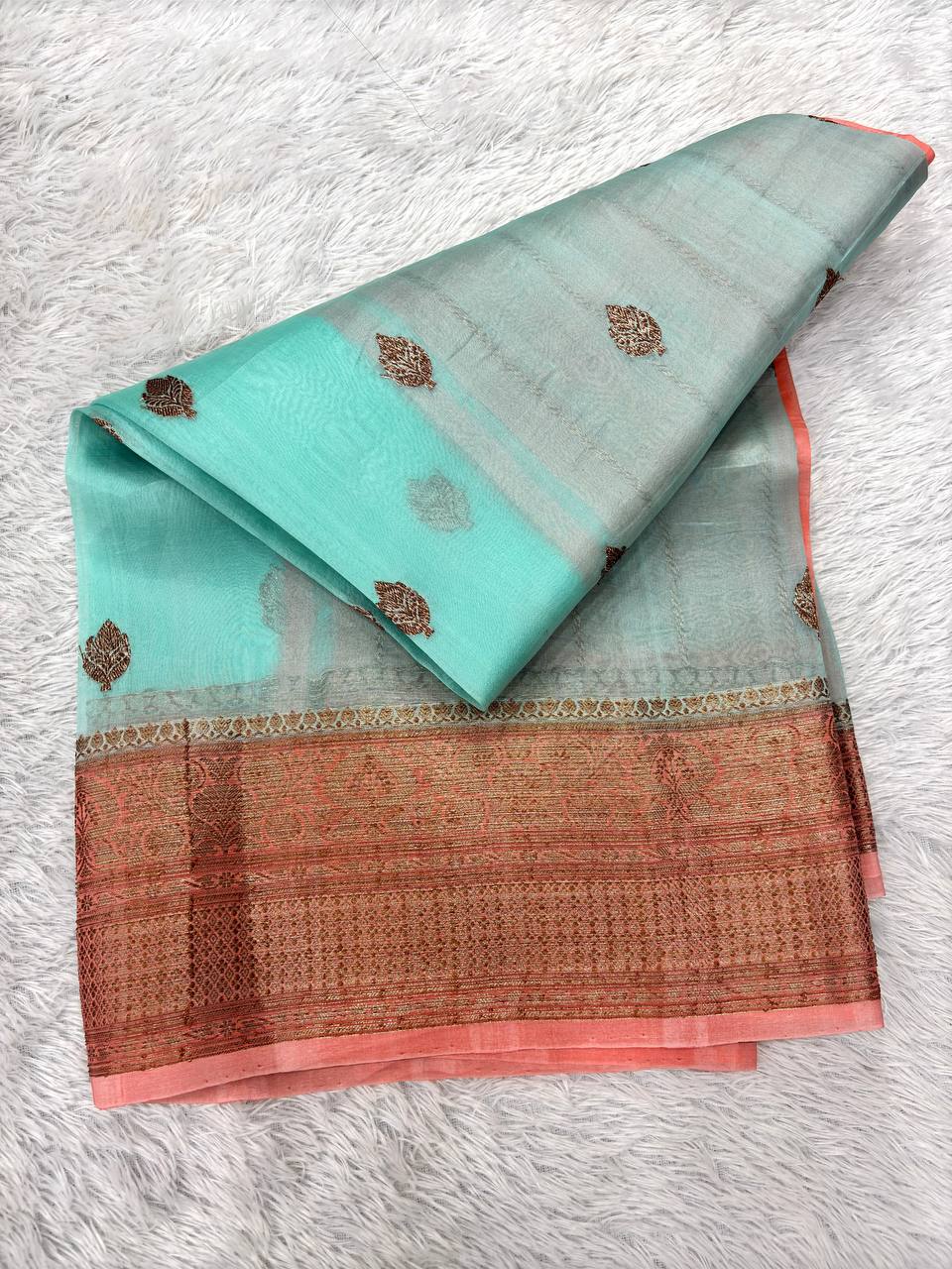 Icy Seafoam Mint Khaddi Georgette Kora Silk Saree | Antique Bronze Kadhua Booti & Contrast Pastel Coral Peach Border