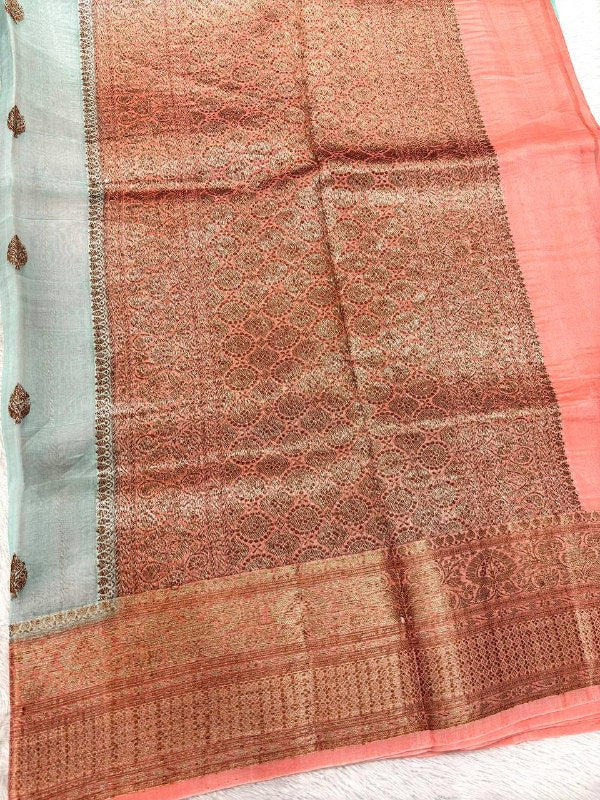 Icy Seafoam Mint Khaddi Georgette Kora Silk Saree | Antique Bronze Kadhua Booti & Contrast Pastel Coral Peach Border