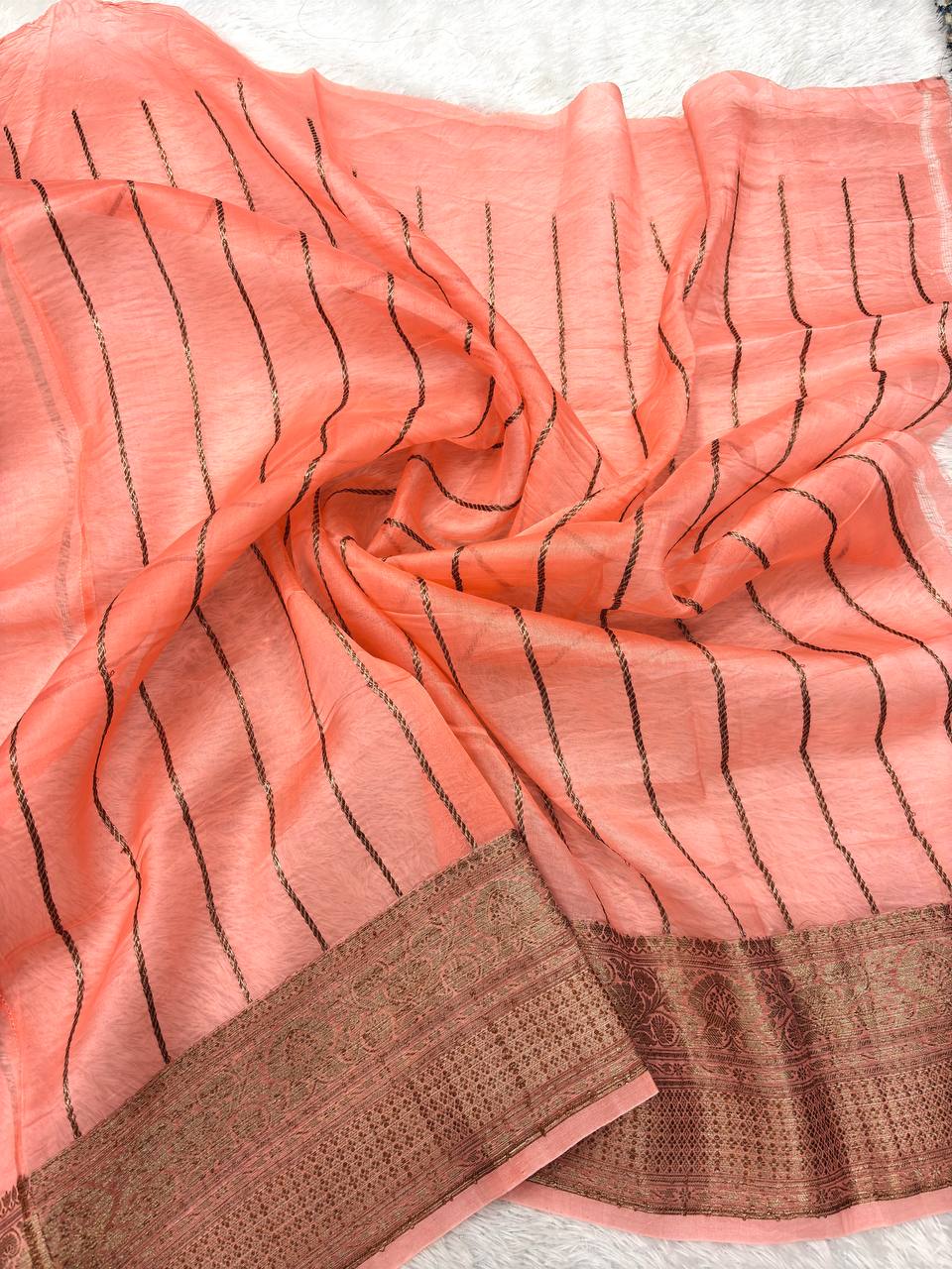 Icy Seafoam Mint Khaddi Georgette Kora Silk Saree | Antique Bronze Kadhua Booti & Contrast Pastel Coral Peach Border