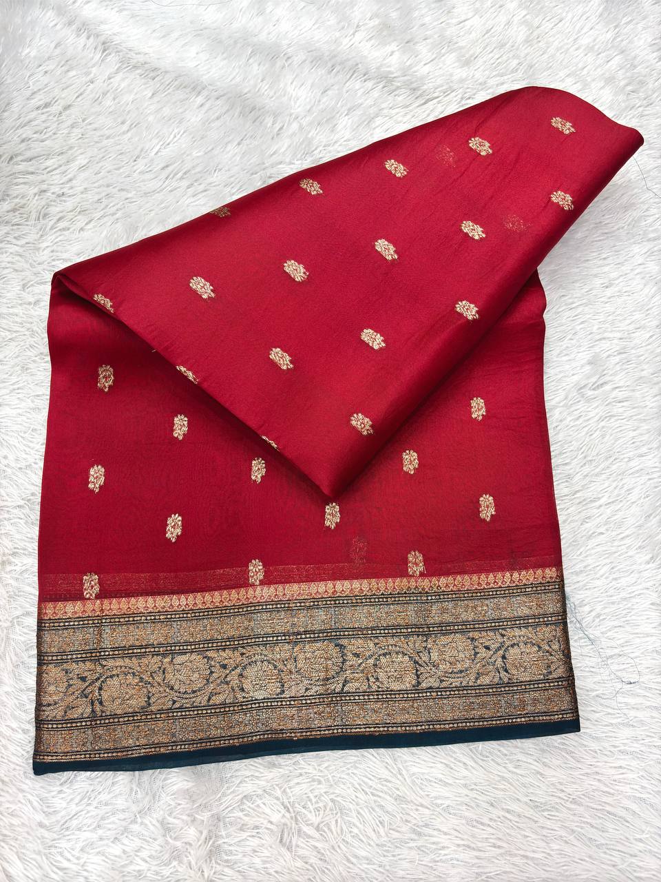 Crimson Maroon Khaddi Georgette Kora Silk Saree | Antique Gold Kadhua Chowkdi Booti & Contrast Prussian Teal Border
