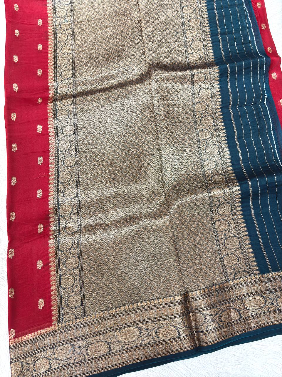 Crimson Maroon Khaddi Georgette Kora Silk Saree | Antique Gold Kadhua Chowkdi Booti & Contrast Prussian Teal Border