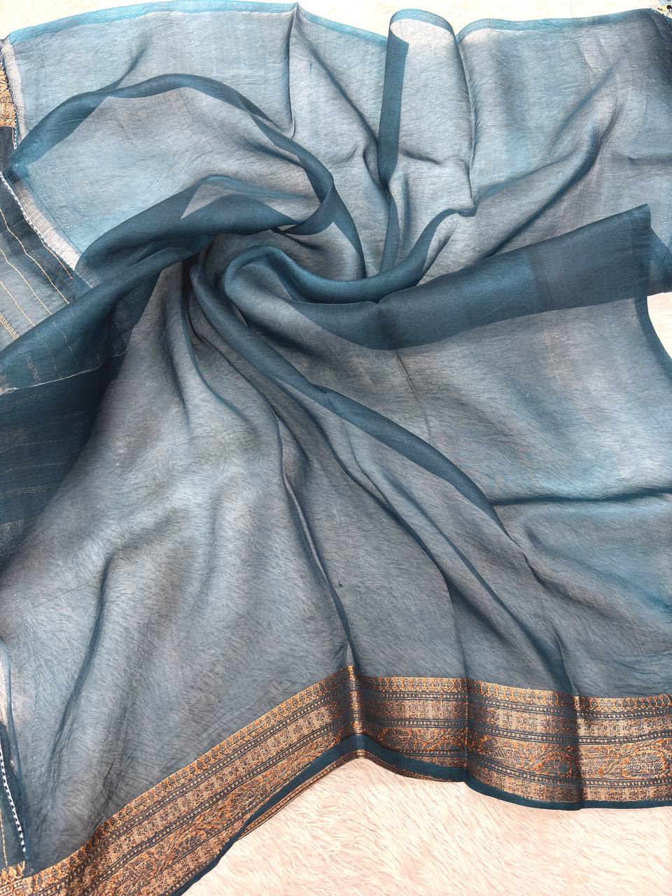 Crimson Maroon Khaddi Georgette Kora Silk Saree | Antique Gold Kadhua Chowkdi Booti & Contrast Prussian Teal Border