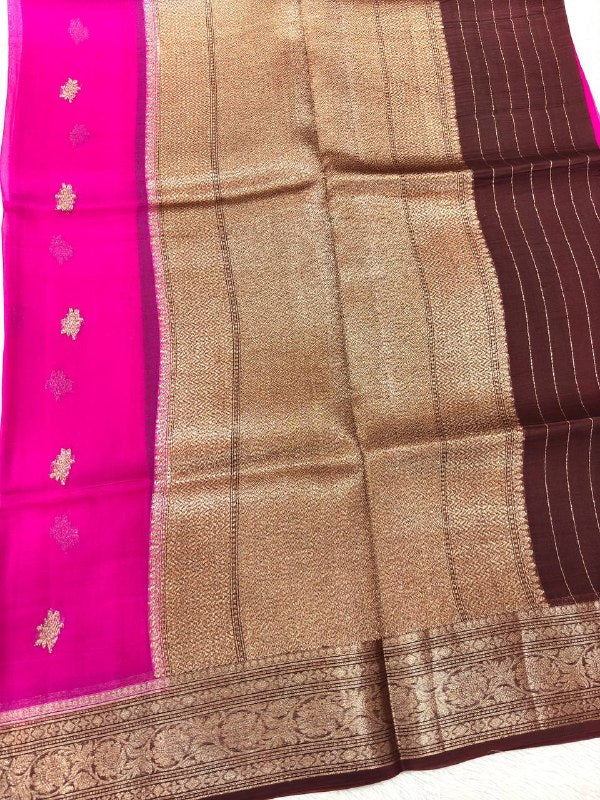 Vibrant Magenta Rani Pink Khaddi Georgette Kora Silk Saree | Antique Gold Kadhua Booti & Contrast Wine Maroon Border