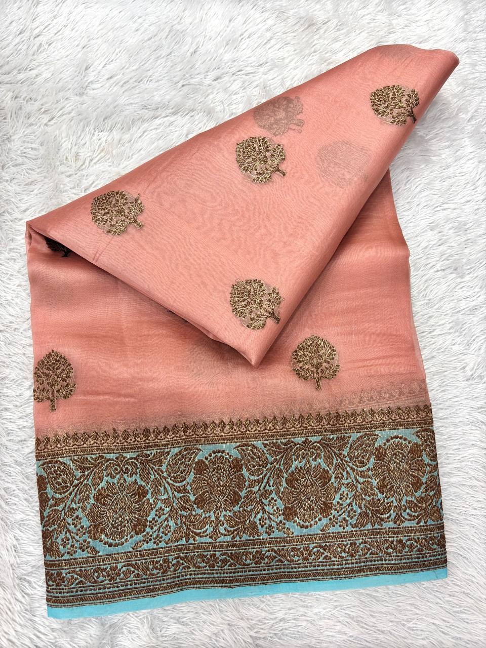 Peach Pastel Coral Khaddi Georgette Kora Silk Saree | Antique Gold Kadhua Tree-of-Life Boota & Contrast Seafoam Blue Border
