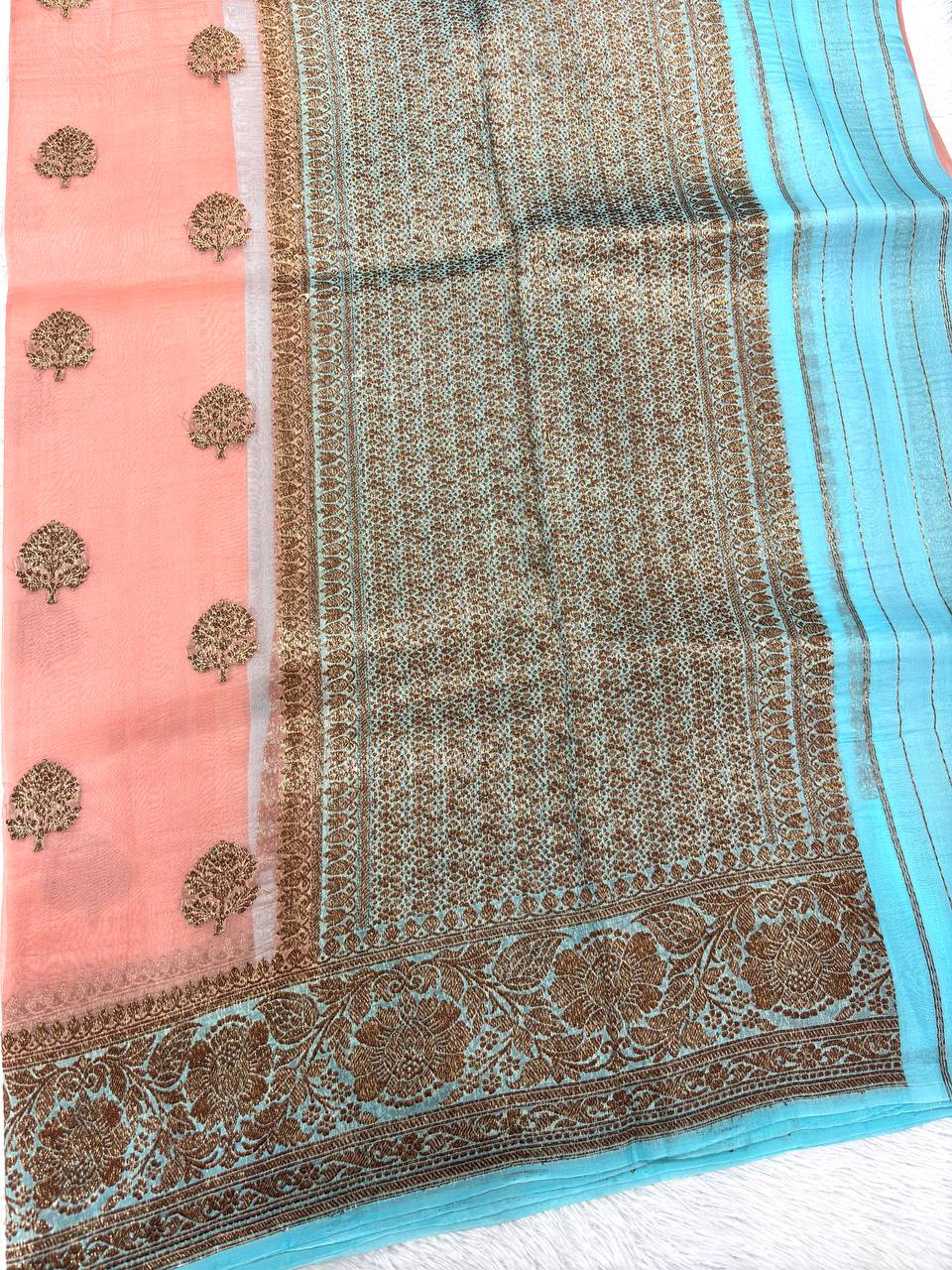 Peach Pastel Coral Khaddi Georgette Kora Silk Saree | Antique Gold Kadhua Tree-of-Life Boota & Contrast Seafoam Blue Border