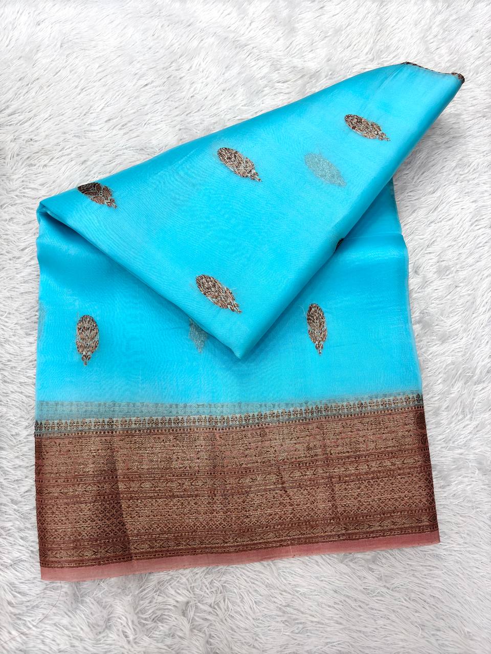 Sky Aqua Blue Khaddi Georgette Kora Silk Saree | Antique Bronze Kadhua Booti & Contrast Earthy Rose Border