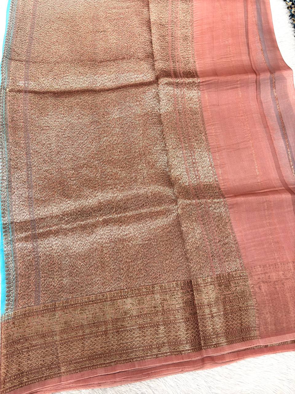 Sky Aqua Blue Khaddi Georgette Kora Silk Saree | Antique Bronze Kadhua Booti & Contrast Earthy Rose Border