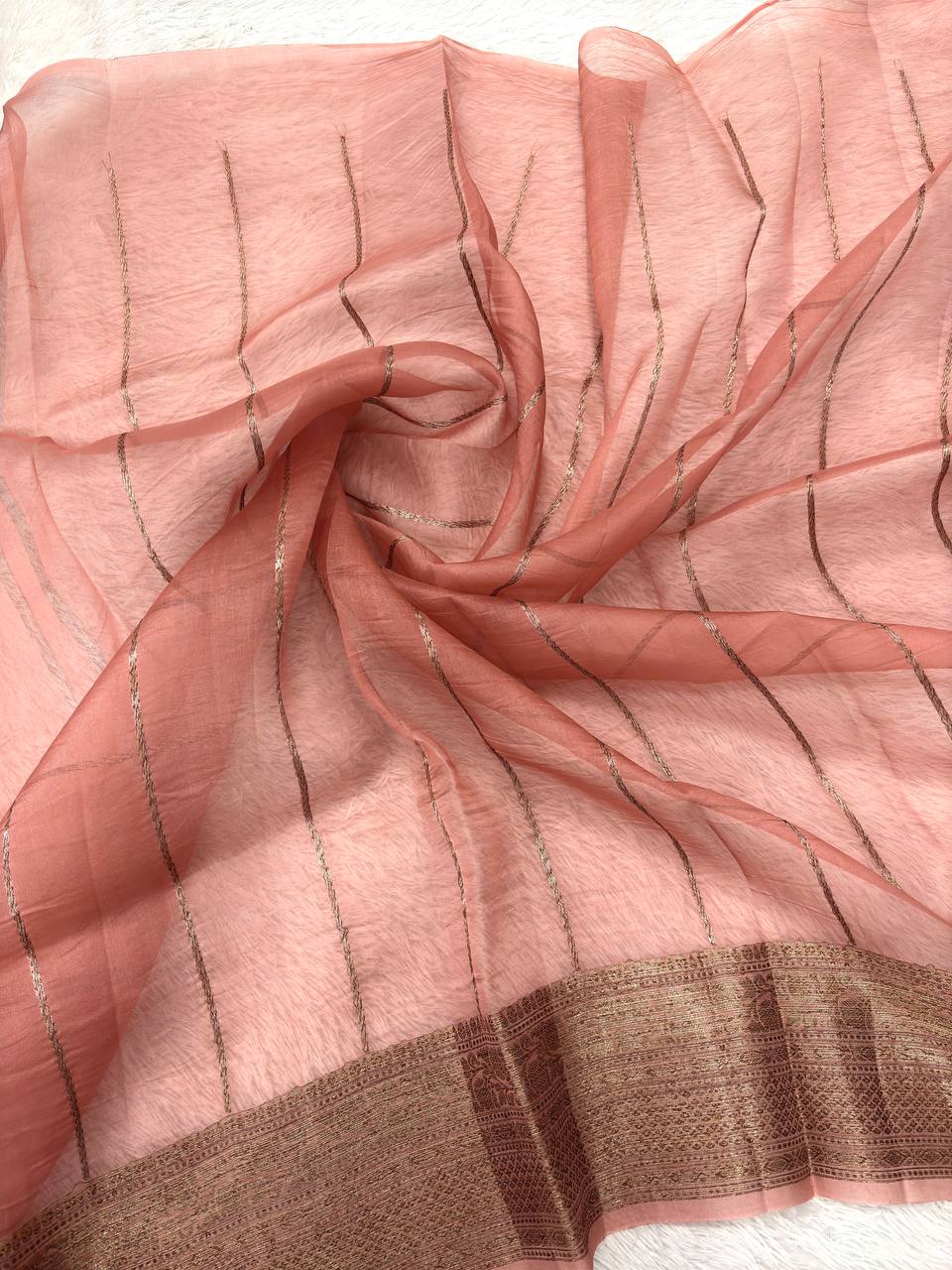 Sky Aqua Blue Khaddi Georgette Kora Silk Saree | Antique Bronze Kadhua Booti & Contrast Earthy Rose Border
