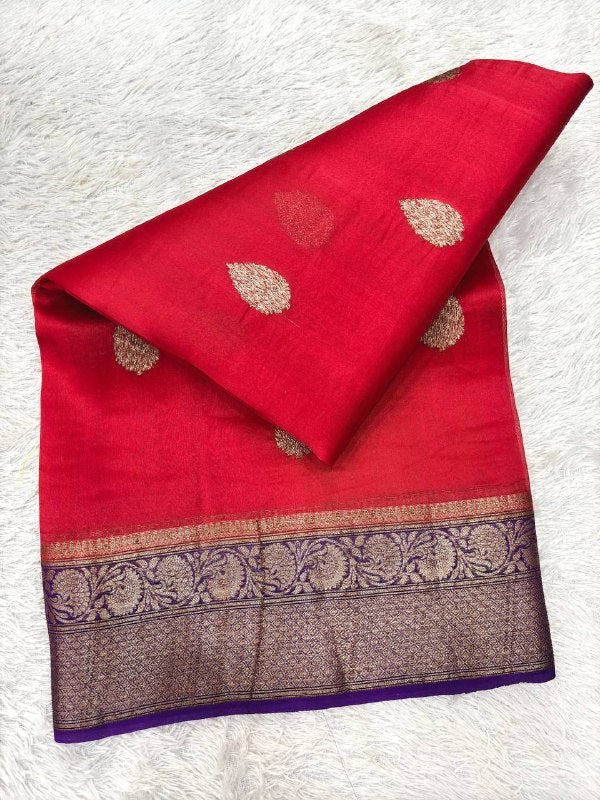 Crimson Scarlet Red Khaddi Georgette Kora Silk Saree | Antique Gold Kadhua Booti & Contrast Royal Violet Border
