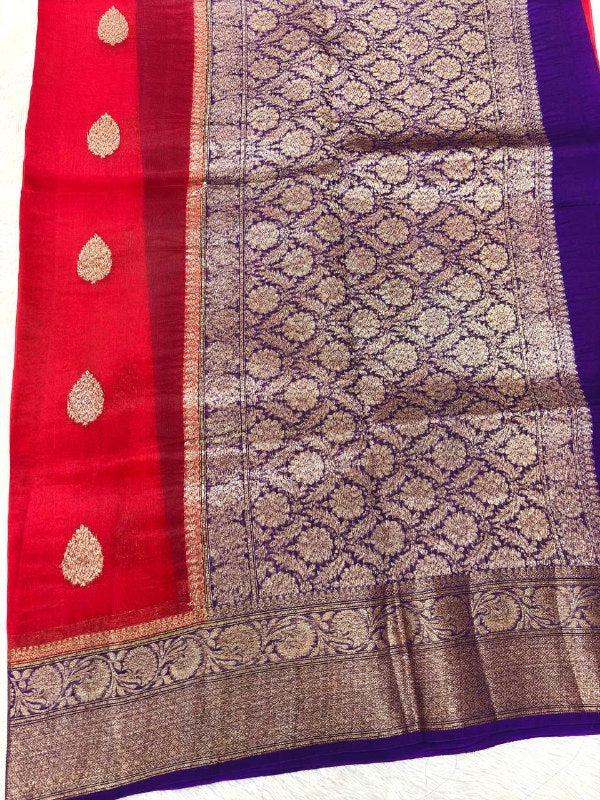 Crimson Scarlet Red Khaddi Georgette Kora Silk Saree | Antique Gold Kadhua Booti & Contrast Royal Violet Border