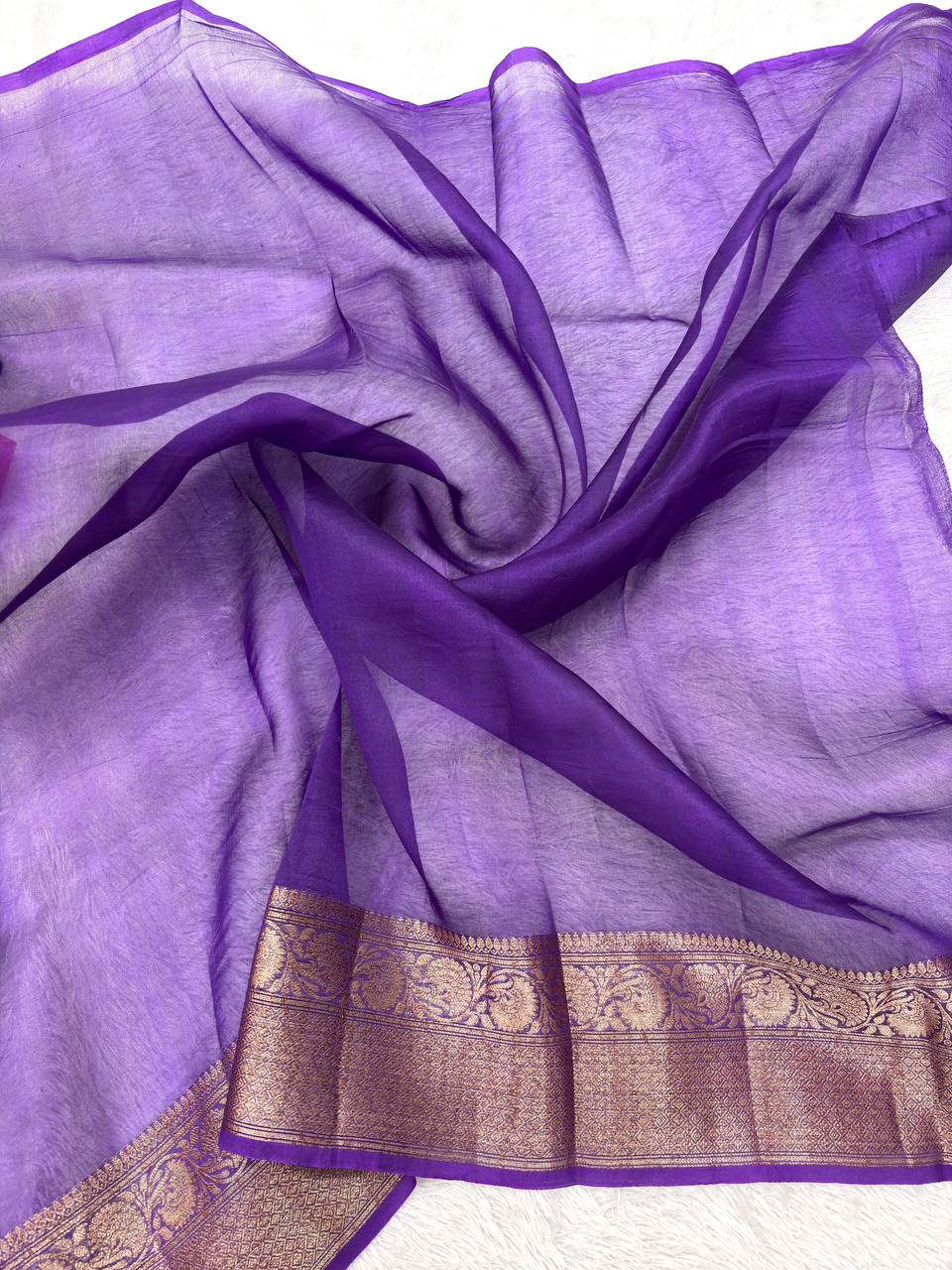 Crimson Scarlet Red Khaddi Georgette Kora Silk Saree | Antique Gold Kadhua Booti & Contrast Royal Violet Border