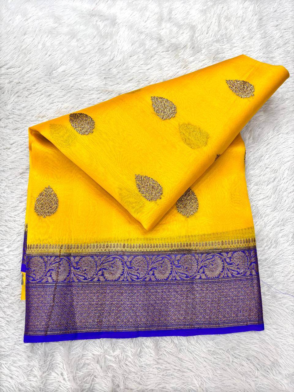 Vibrant Mustard Yellow Khaddi Georgette Kora Silk Saree | Antique Bronze Kadhua Booti & Contrast Royal Indigo Border