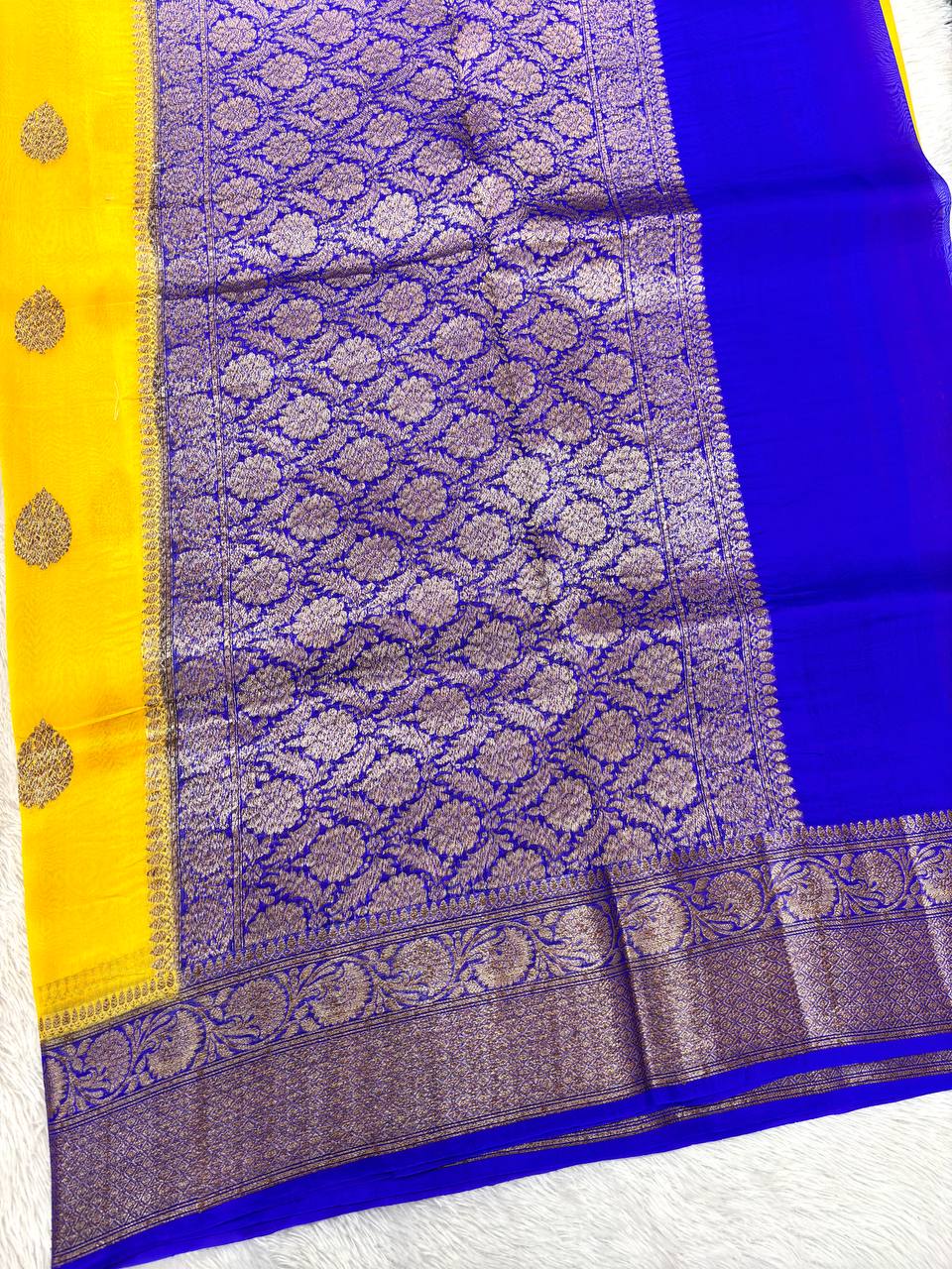Vibrant Mustard Yellow Khaddi Georgette Kora Silk Saree | Antique Bronze Kadhua Booti & Contrast Royal Indigo Border