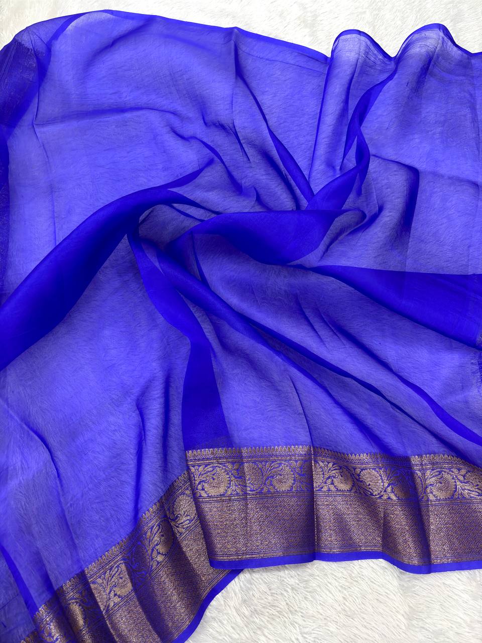 Vibrant Mustard Yellow Khaddi Georgette Kora Silk Saree | Antique Bronze Kadhua Booti & Contrast Royal Indigo Border