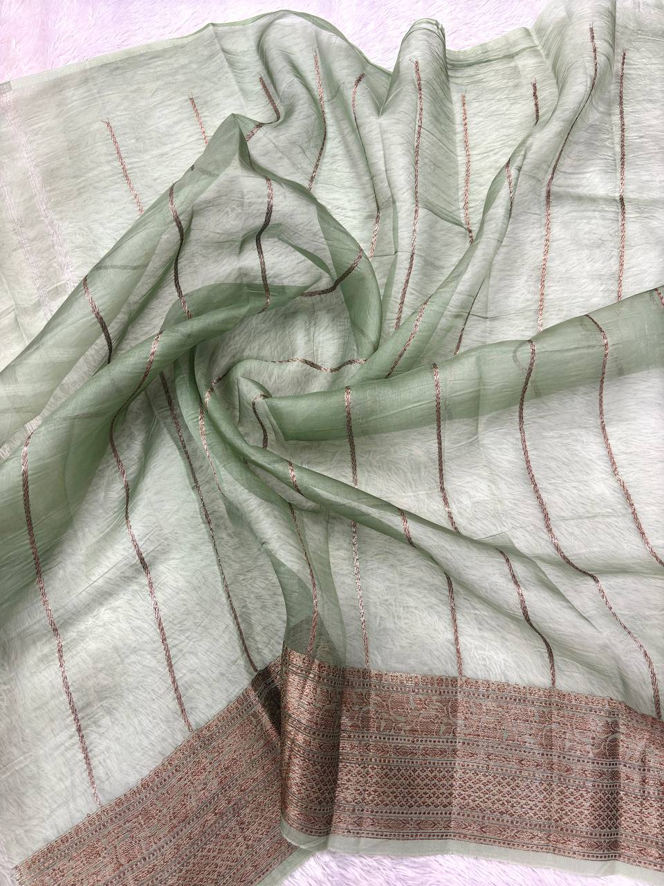 Deep Teal Blue Khaddi Georgette Kora Silk Saree | Antique Bronze Kadhua Booti & Contrast Sage Green Border