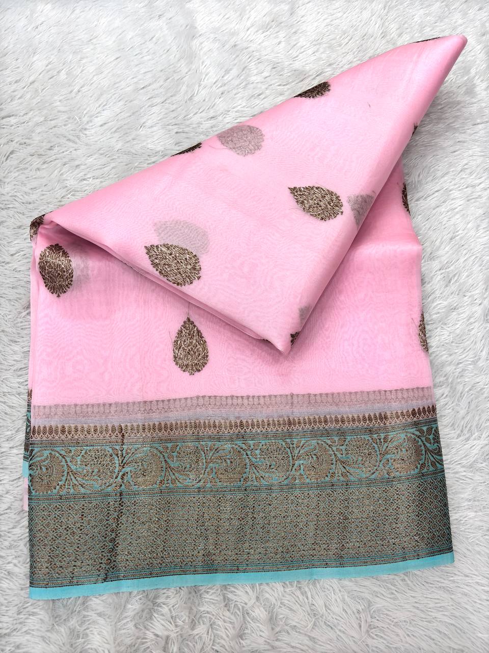 Blush Pink Khaddi Georgette Kora Silk Saree | Antique Bronze Kadhua Booti & Contrast Powder Blue Border