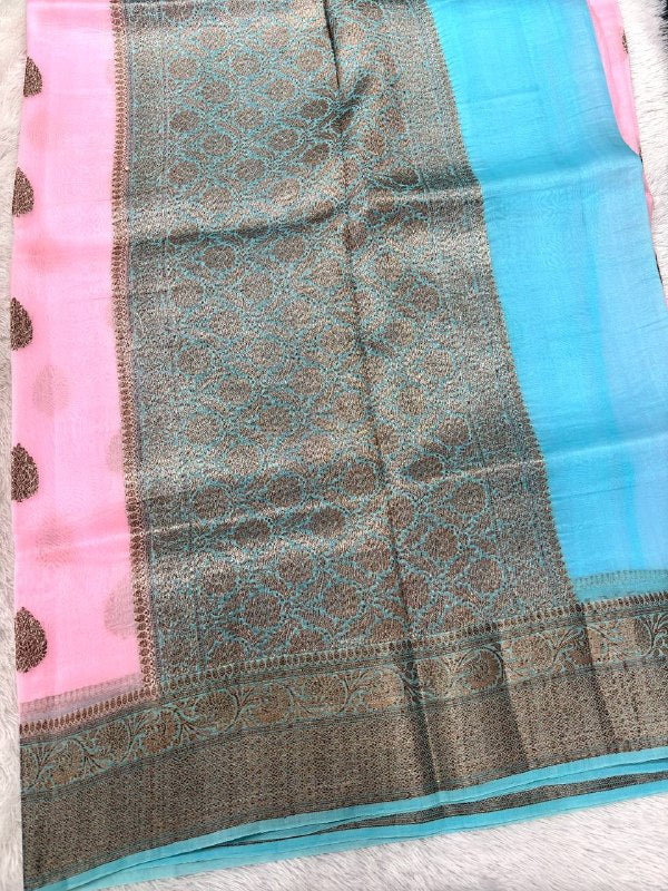 Blush Pink Khaddi Georgette Kora Silk Saree | Antique Bronze Kadhua Booti & Contrast Powder Blue Border