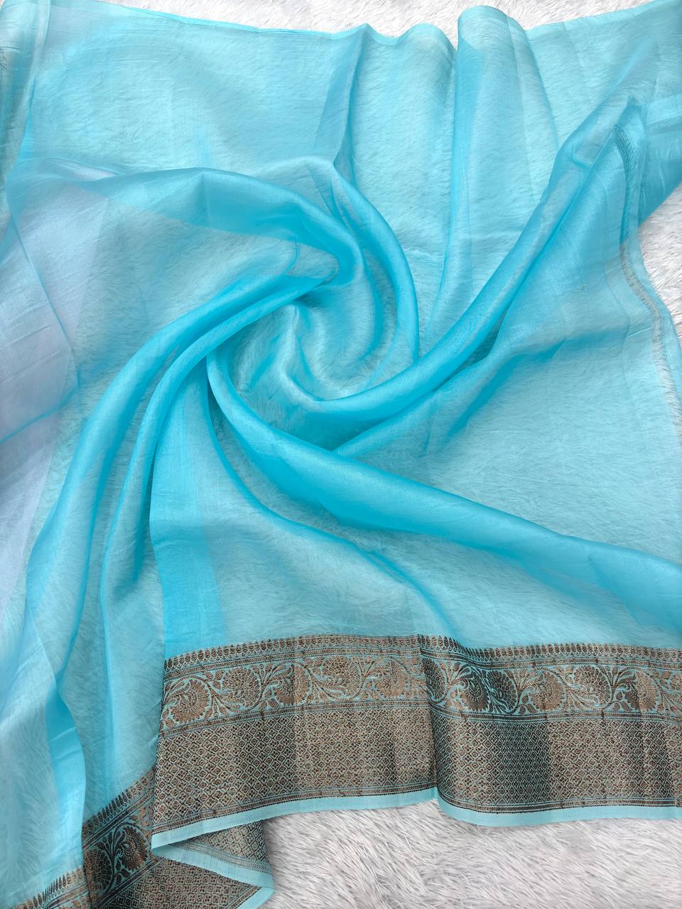 Blush Pink Khaddi Georgette Kora Silk Saree | Antique Bronze Kadhua Booti & Contrast Powder Blue Border
