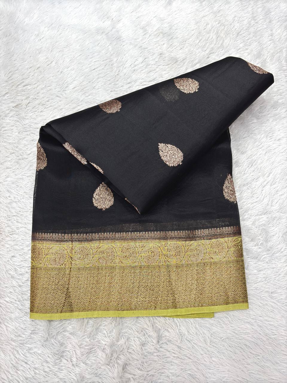 Midnight Black Khaddi Georgette Kora Silk Saree | Antique Rose Gold Kadhua Booti & Contrast Chartreuse Olive Border