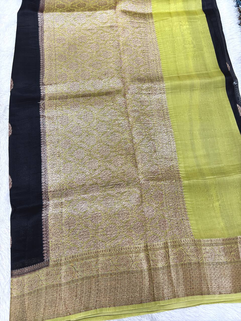 Midnight Black Khaddi Georgette Kora Silk Saree | Antique Rose Gold Kadhua Booti & Contrast Chartreuse Olive Border
