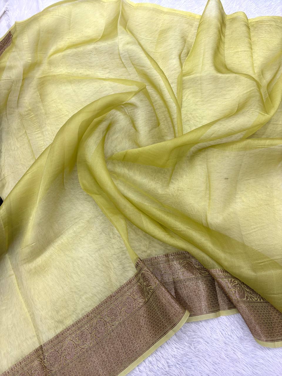 Midnight Black Khaddi Georgette Kora Silk Saree | Antique Rose Gold Kadhua Booti & Contrast Chartreuse Olive Border