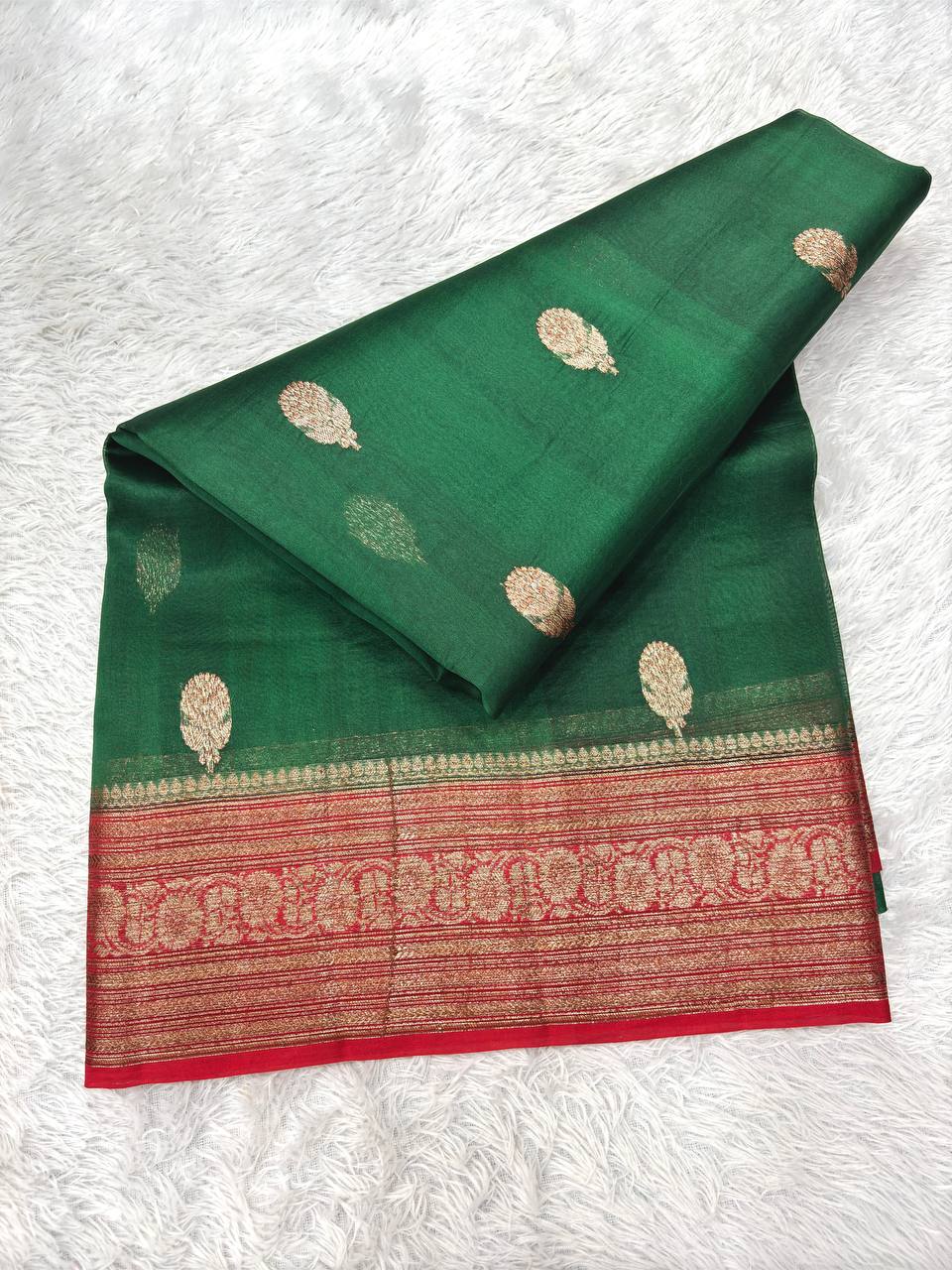 Emerald Green Khaddi Georgette Kora Silk Saree | Antique Zari Kadhua Booti & Contrast Crimson Red Border