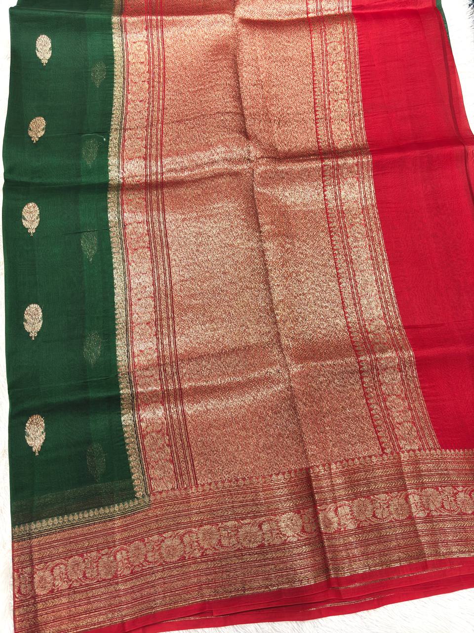 Emerald Green Khaddi Georgette Kora Silk Saree | Antique Zari Kadhua Booti & Contrast Crimson Red Border