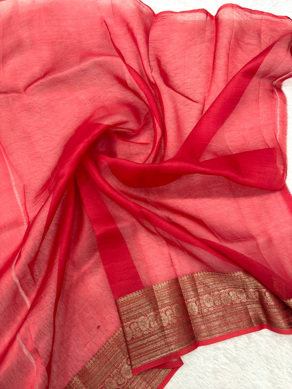 Emerald Green Khaddi Georgette Kora Silk Saree | Antique Zari Kadhua Booti & Contrast Crimson Red Border