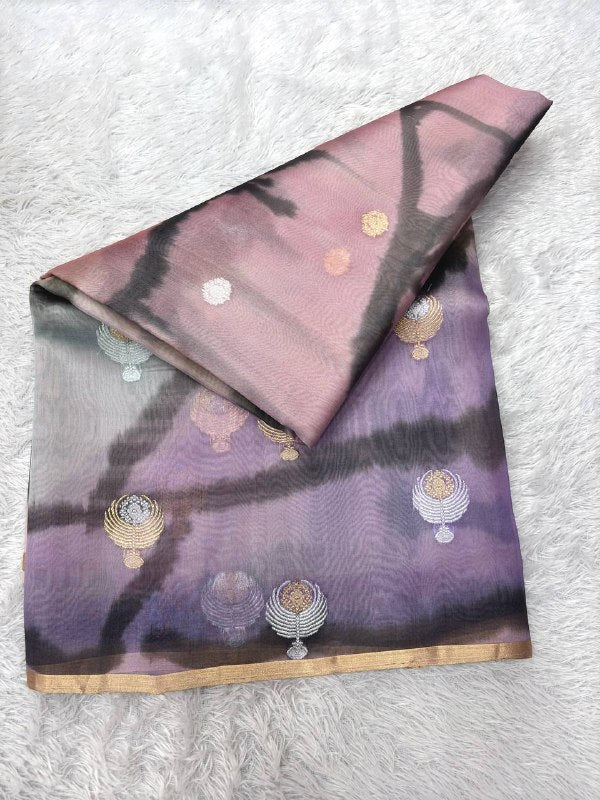 Pastel Thunder Cloud Multi-Color Rungkat Khaddi Georgette Kora Silk Saree | Sona Rupa Kadhua Medallion Booti & Contrast Charcoal Grey Pallu