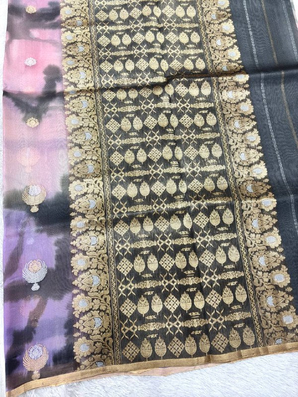Pastel Thunder Cloud Multi-Color Rungkat Khaddi Georgette Kora Silk Saree | Sona Rupa Kadhua Medallion Booti & Contrast Charcoal Grey Pallu